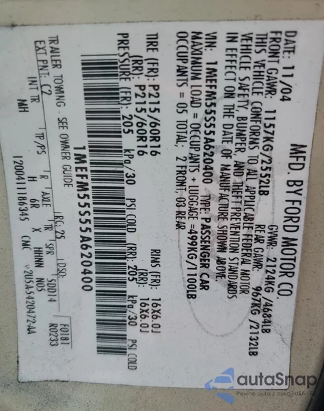 2005 Mercury Sable Ls Premium from USA, damaged, VIN 1MEFM55S55A620400